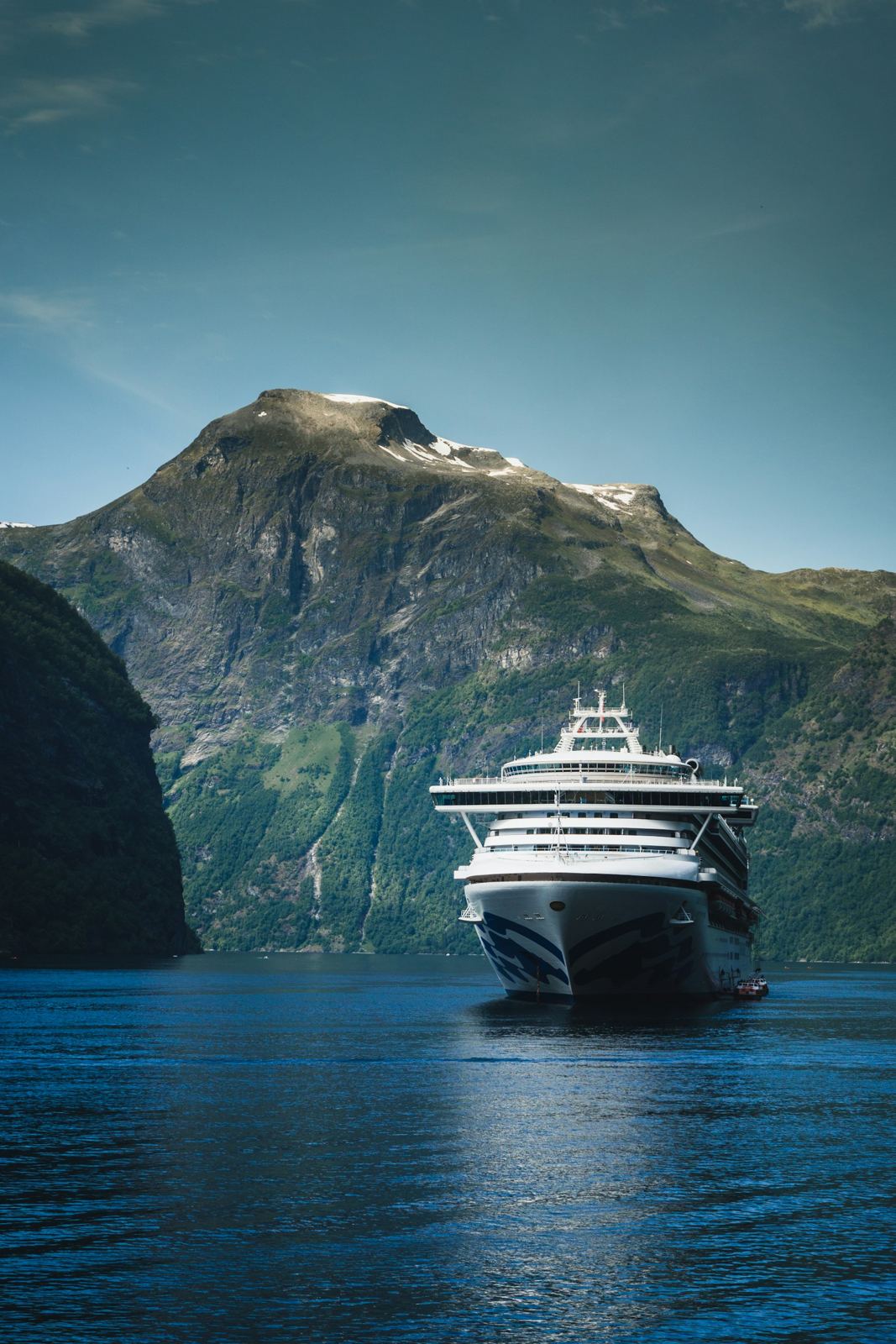 Kreuzfahrtschiff im norwegischen Fjord vor einem Berg